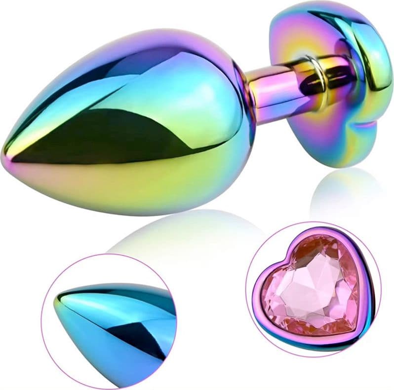 Butt Plug Anale in Metallo Rainbow con Gemma a Cuore Gioiello Cristallo Sex Toy - 5