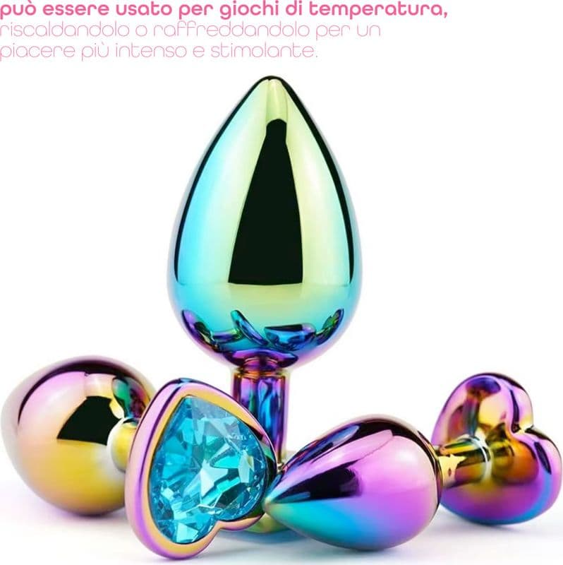 Butt Plug Anale in Metallo Rainbow con Gemma a Cuore Gioiello Cristallo Sex Toy - 8
