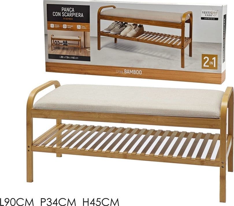 PANCA CON SCARPIERA IN BAMBOO 2IN1 MULTIFUNZIONALE H45X90X34CM INGRESSO CAMERA CORRIDOIO - 2