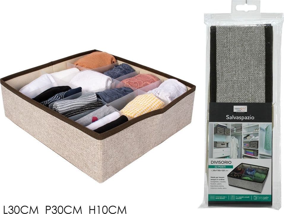ORGANIZER SCATOLA PORTAOGGETTI DIVISORIO CON 12 SCOMPARTI IN TESSUTO SALVASPAZIO 30X30X10CM - 2