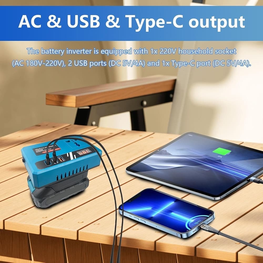 CONVERTITORE DI BATTERIA PER MAKITA 18V 150W TENSIONE 220V DC 5V 2 USB 1 USB-C ADATTATORE - 11