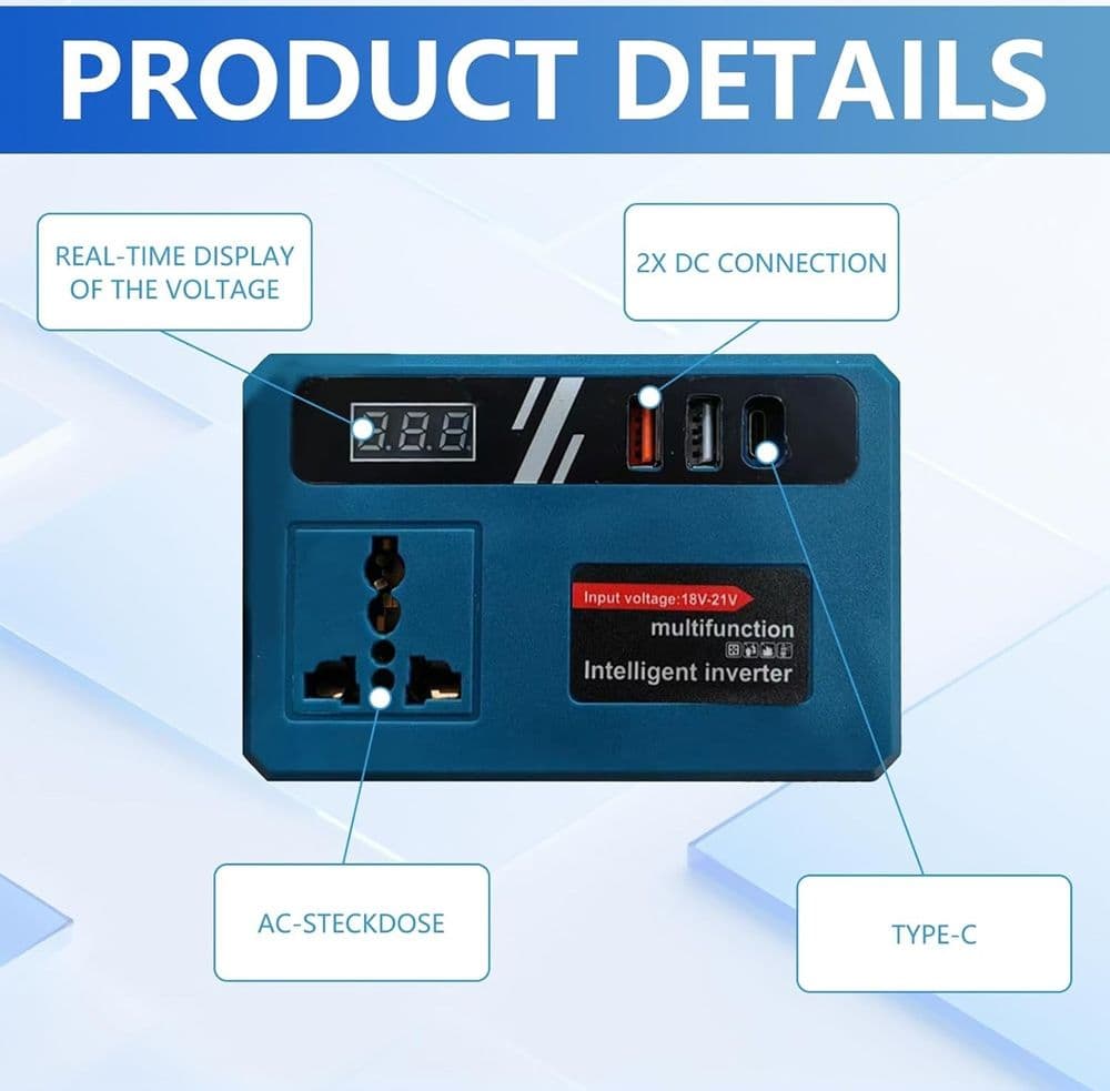 CONVERTITORE DI BATTERIA PER MAKITA 18V 150W TENSIONE 220V DC 5V 2 USB 1 USB-C ADATTATORE - 5