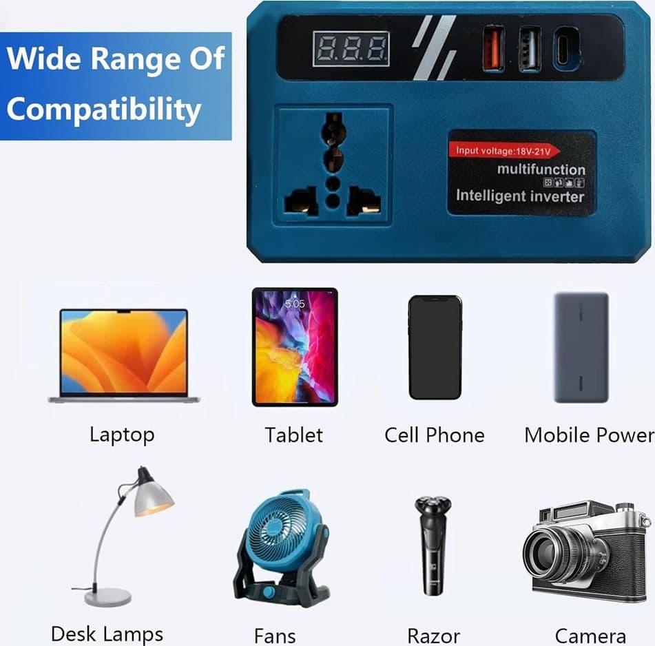 CONVERTITORE DI BATTERIA PER MAKITA 18V 150W TENSIONE 220V DC 5V 2 USB 1 USB-C ADATTATORE - 6