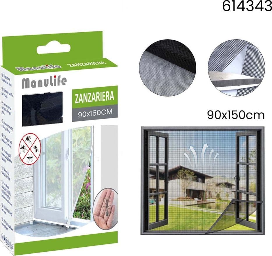ZANZARIERA ADESIVA VELCRO PER FINESTRA NERA 90X150CM PROTEZIONE DAGLI INSETTI 614343 - 2