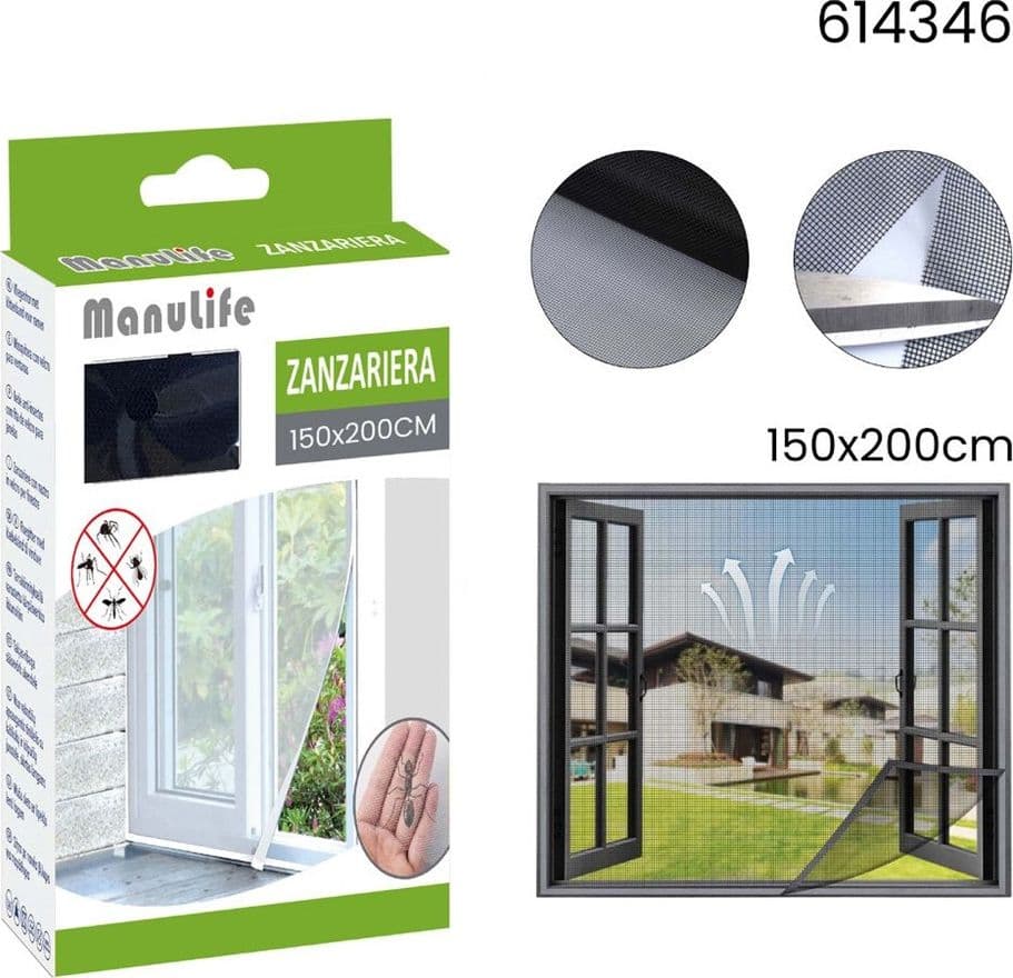 ZANZARIERA ADESIVA VELCRO PER FINESTRA NERA 150X200CM PROTEZIONE DAGLI INSETTI 614346 - 2