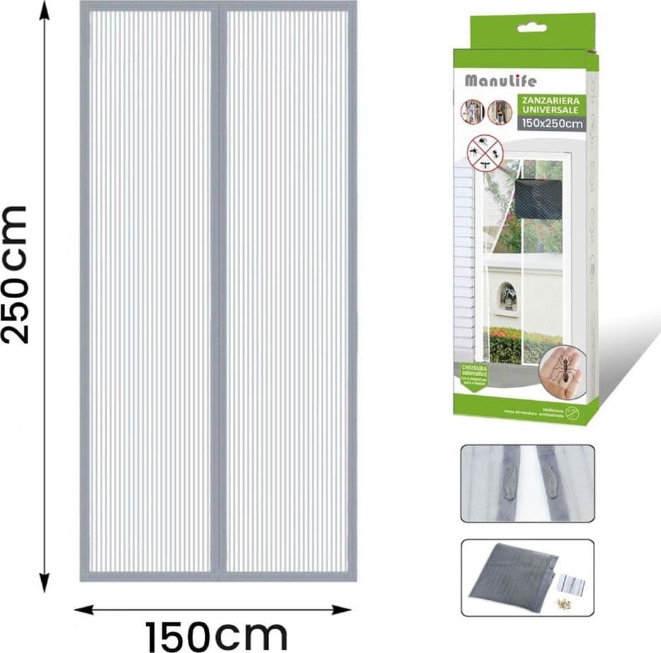 ZANZARIERA UNIVERSALE 150X250CM GRIGIA CHIUSURA AUTOMATICA MAGNETICA PORTE FINESTRE 614336 - 2