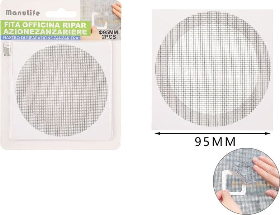 SET 2 TOPPE ADESIVE A RETE GRIGIA PER RIPARAZIONE FORI STRAPPI ZANZARIERE DA 95MM 622151