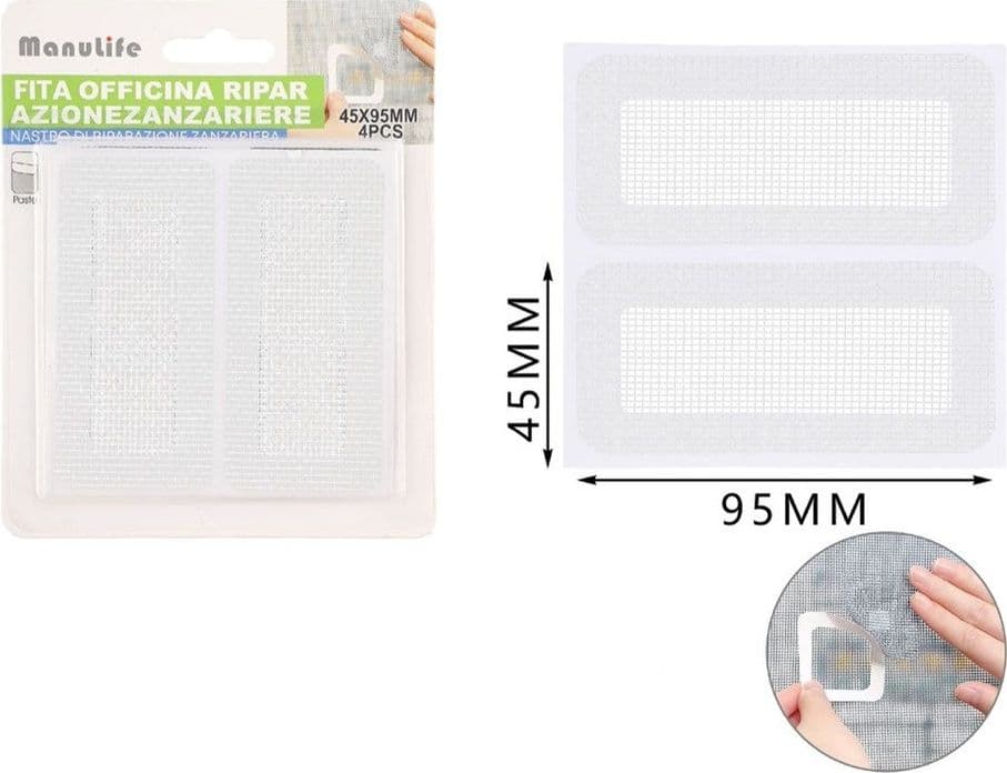 SET 4 TOPPE ADESIVE A RETE BIANCA PER RIPARAZIONE FORI STRAPPI ZANZARIERE 45X95MM 622152