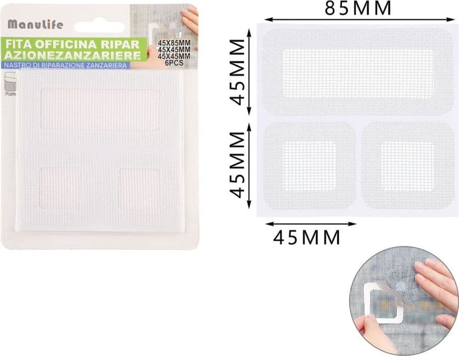 SET 6 TOPPE ADESIVE RETE BIANCA RIPARAZIONE FORI STRAPPI ZANZARIERE 45X85MM/45X45MM 622156