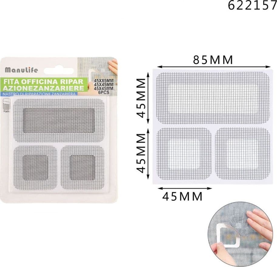 SET 6 TOPPE ADESIVE RETE GRIGIA RIPARAZIONE FORI STRAPPI ZANZARIERE 45X85MM/45X45MM 622157 - 2