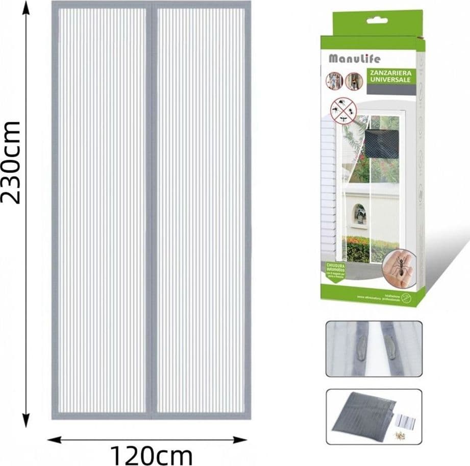 ZANZARIERA UNIVERSALE 120X230CM GRIGIA CHIUSURA AUTOMATICA MAGNETICA PORTE FINESTRE 622142 - 2