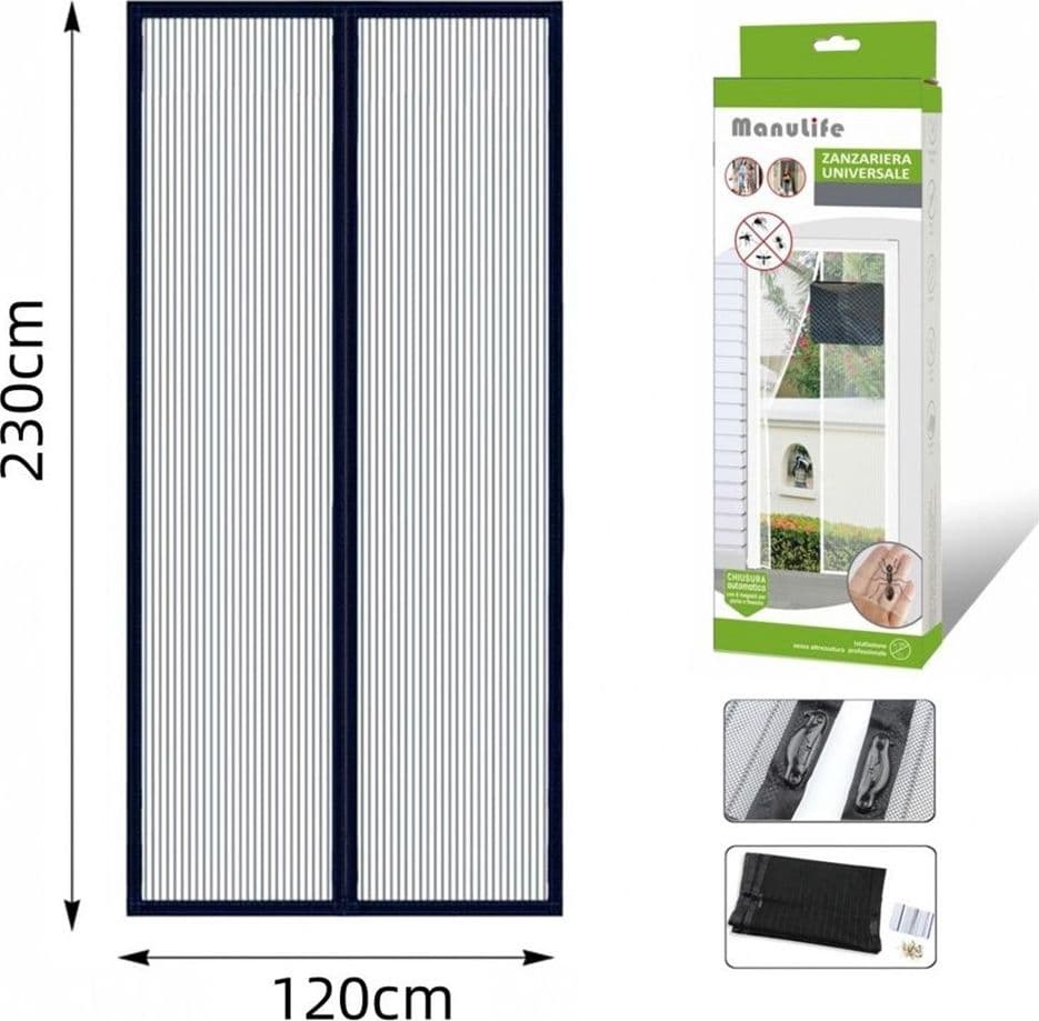 ZANZARIERA UNIVERSALE 120X230 CM NERA CHIUSURA AUTOMATICA MAGNETICA PORTE FINESTRE 622139 - 2