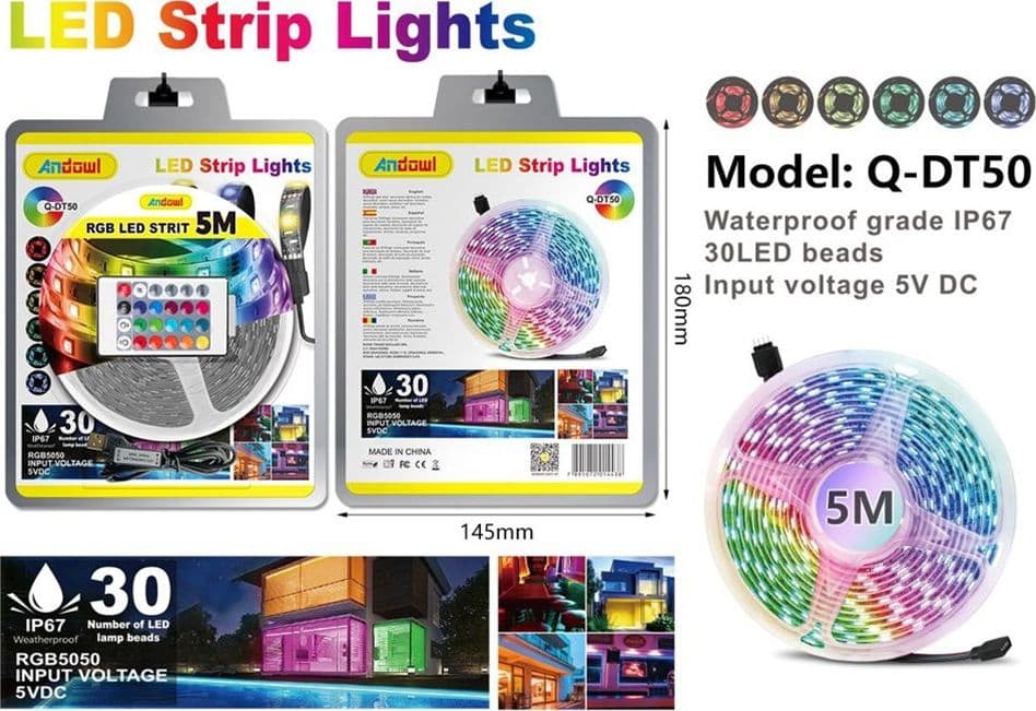 STRISCIA LUMINOSA LED RGB SMD5050 IMPERMEABILE IP67 USB 5V DC CON TELECOMANDO 5MT Q-DT50 - 2