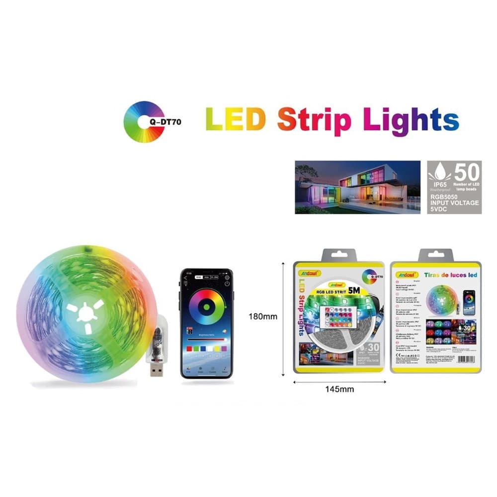 STRISCIA LED RGB5050 USB 5V DC DA 5 MT CON TELECOMANDO IMPERMEABILE IP65 APP Q-DT70 - 2