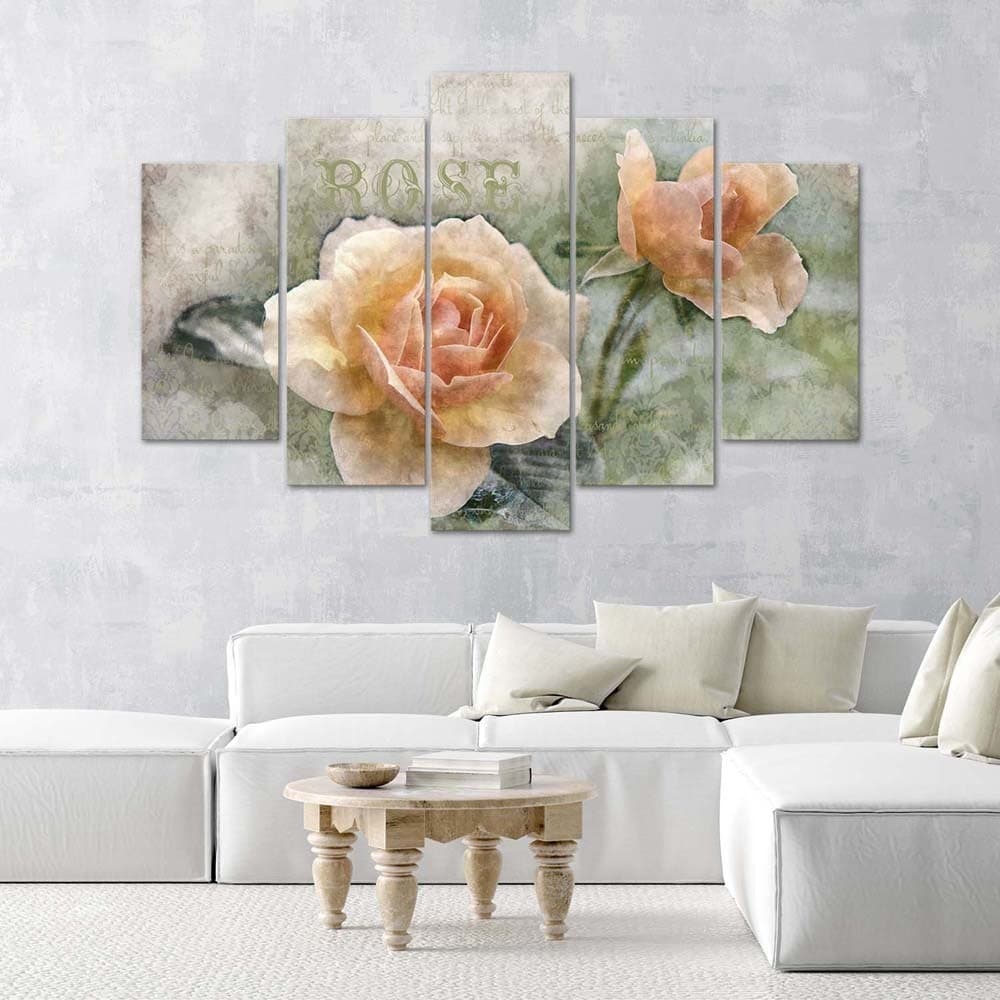Quadro su tela 5 pannelli Fiori di rosa tea - 2