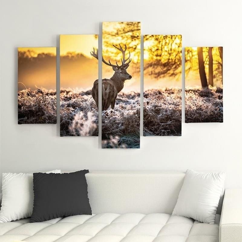 Quadro Multipannello Tramonto nella foresta dei cervi - 2