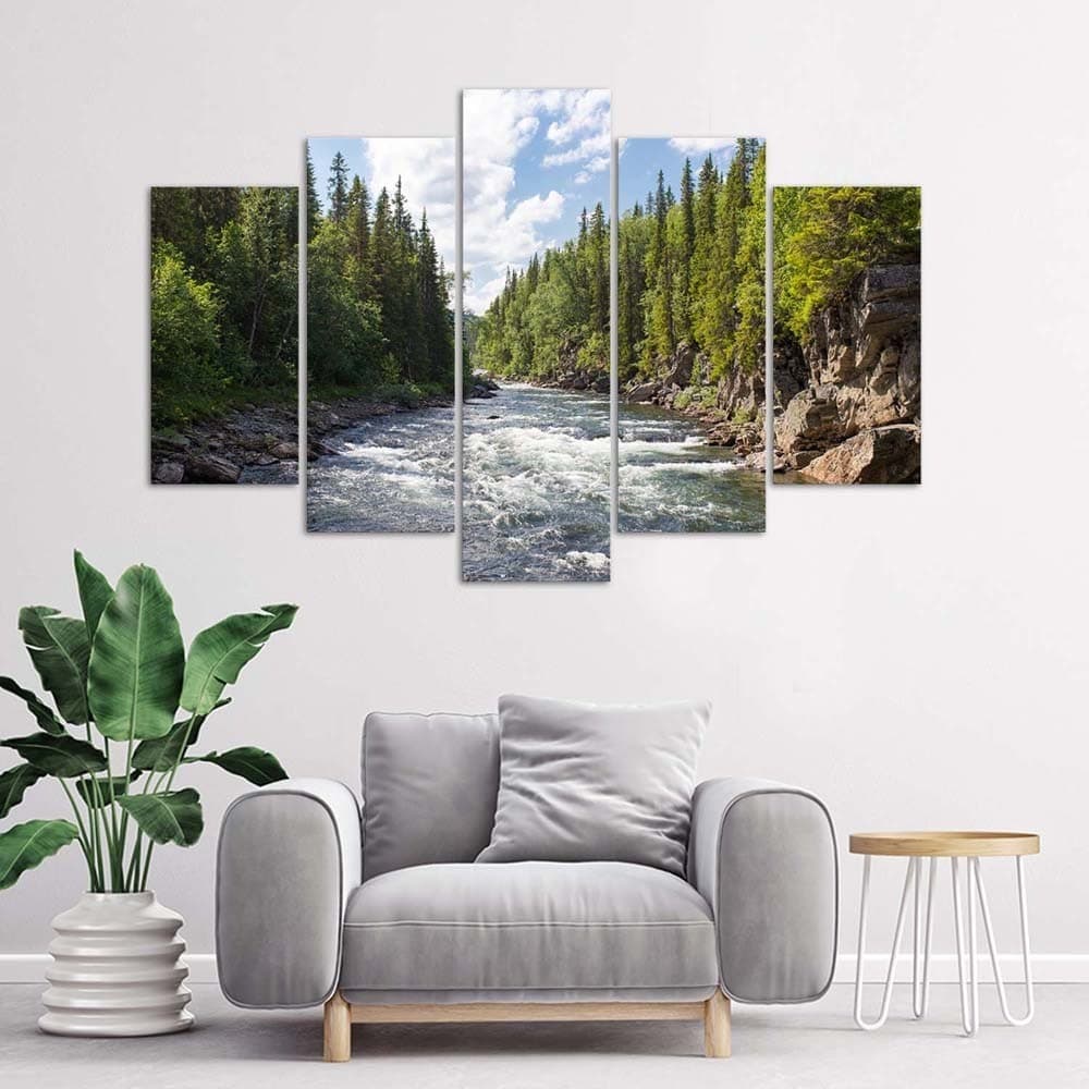 Quadro su tela 5 pannelli Foresta Fiume Verde Natura - 2