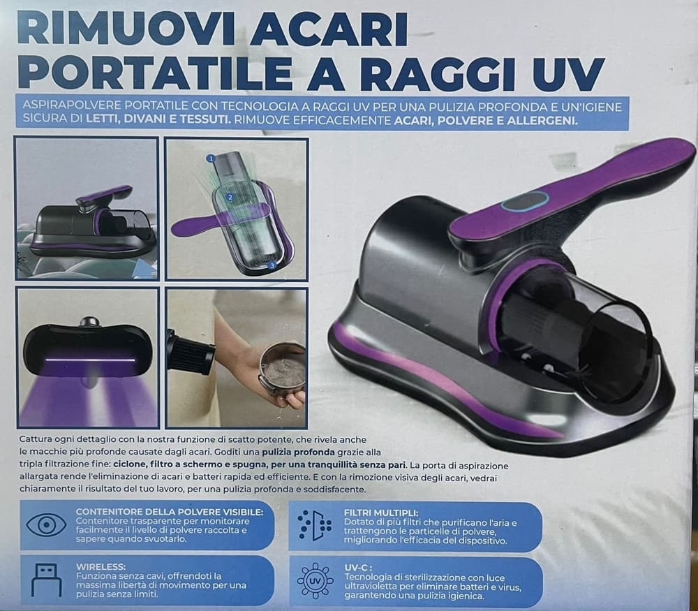 ASPIRAPOLVERE PORTATILE A RAGGI UV RIMUOVI ACARI PER PULIZIA PROFONDA LETTI DIVANI TESSUTI - 3