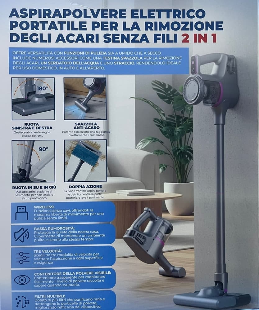 ASPIRAPOLVERE PORTATILE MULTIFUNZIONE SENZA FILI 2IN1 PER ACARI MATERASSI TAPPETI PAVIMENTI - 3