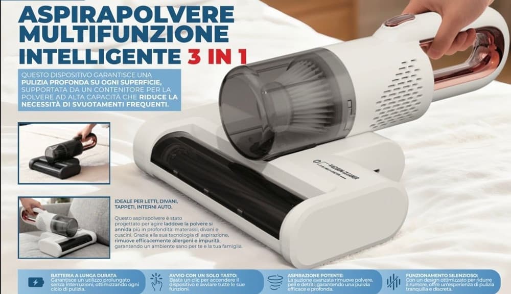 ASPIRAPOLVERE PORTATILE MULTIFUNZIONE INTELLIGENTE 3IN1 PULIZIA PROFONDA ASPIRA ACARI - 2
