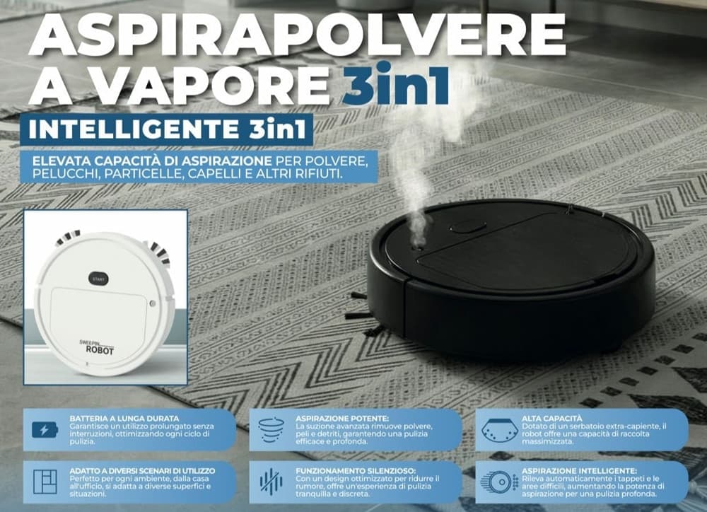 ROBOT ASPIRAPOLVERE A VAPORE 3IN1 INTELLIGENTE POTENTE SILENZIOSO PER PULIZIA CASA UFFICIO - 11
