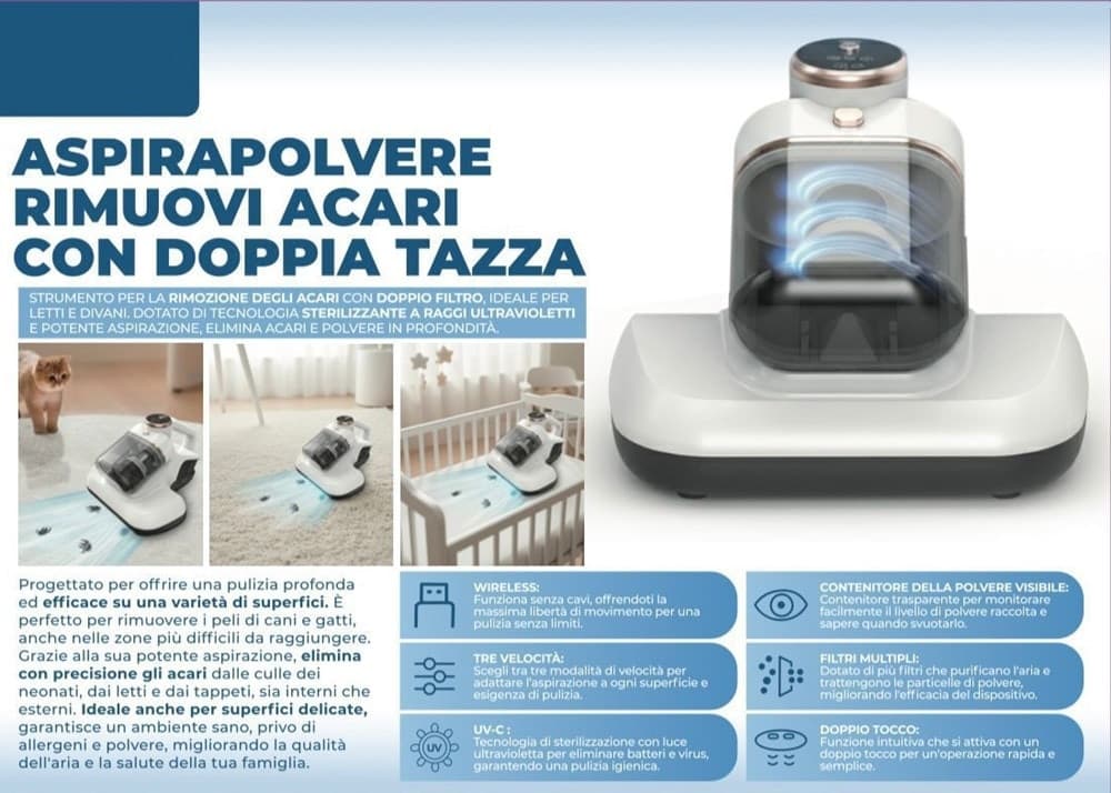 ASPIRAPOLVERE SENZA FILI PORTATILE RIMUOVI ACARI CON DOPΡΡΙΑ TAZZA 3 VELOCITÀ TECNOLOGIA UV-C - 2