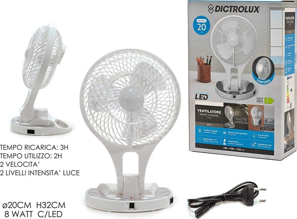 VENTILATORE PORTATILE RICARICABILE 8W 2 VELOCITÀ CON LUCE LED PARETE SCRIVANIA CAMPEGGIO - 2