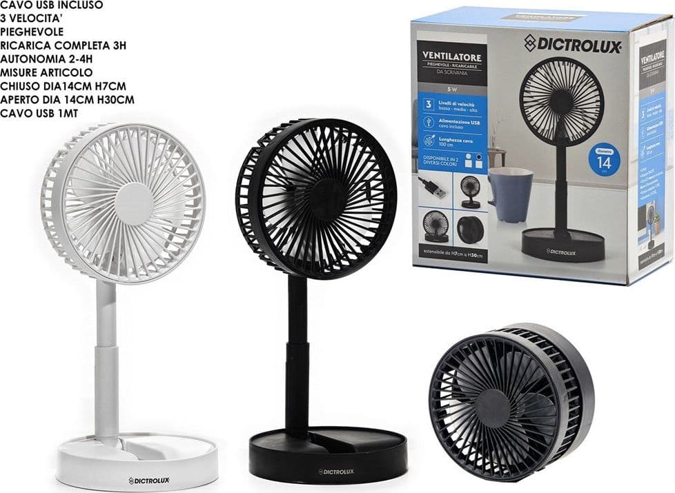 VENTILATORE DA SCRIVANIA PIEGHEVOLE RICARICABILE USB 5 WATT 3 VELOCITÀ ALTEZZA REGOLABILE - 2