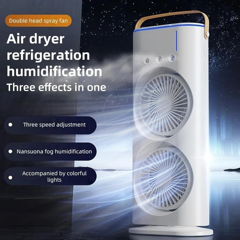 VENTILATORE PORTATILE DA TAVOLO SPRAY UMIDIFICA RICARICABILE USB LUCI LED A DOPPIA TESTA - 11