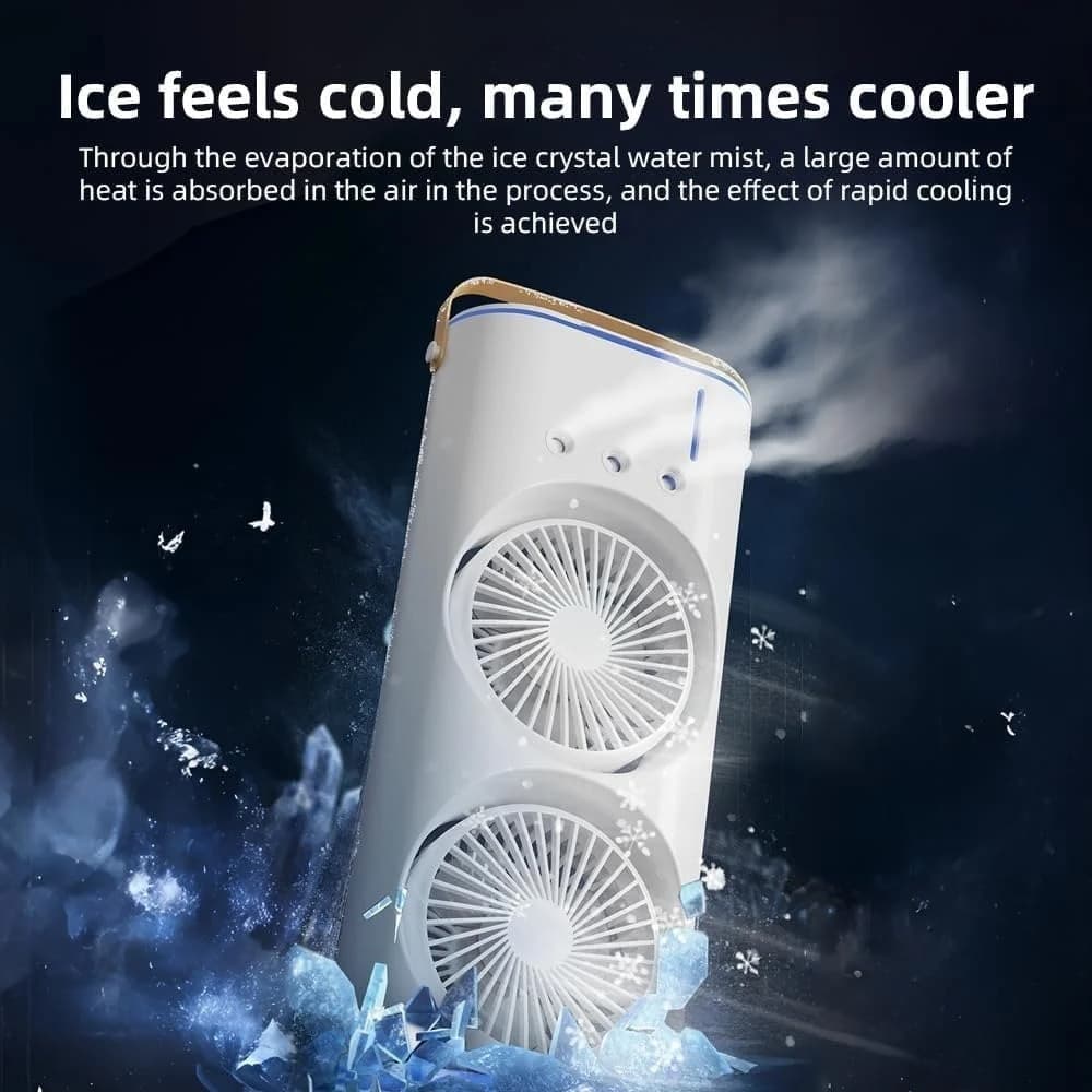 VENTILATORE PORTATILE DA TAVOLO SPRAY UMIDIFICA RICARICABILE USB LUCI LED A DOPPIA TESTA - 13
