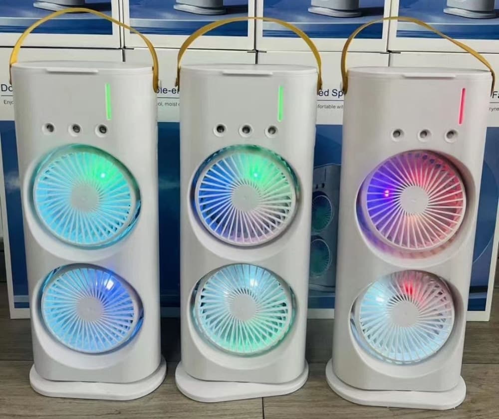 VENTILATORE PORTATILE DA TAVOLO SPRAY UMIDIFICA RICARICABILE USB LUCI LED A DOPPIA TESTA - 14