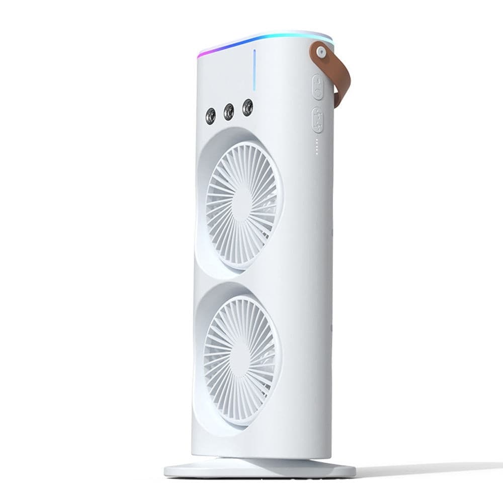 VENTILATORE PORTATILE DA TAVOLO SPRAY UMIDIFICA RICARICABILE USB LUCI LED A DOPPIA TESTA - 3