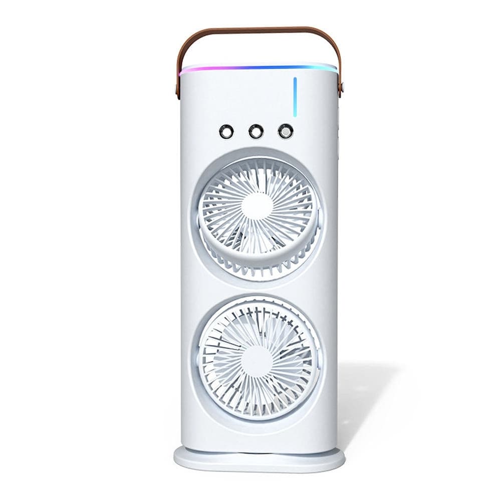 VENTILATORE PORTATILE DA TAVOLO SPRAY UMIDIFICA RICARICABILE USB LUCI LED A DOPPIA TESTA - 4