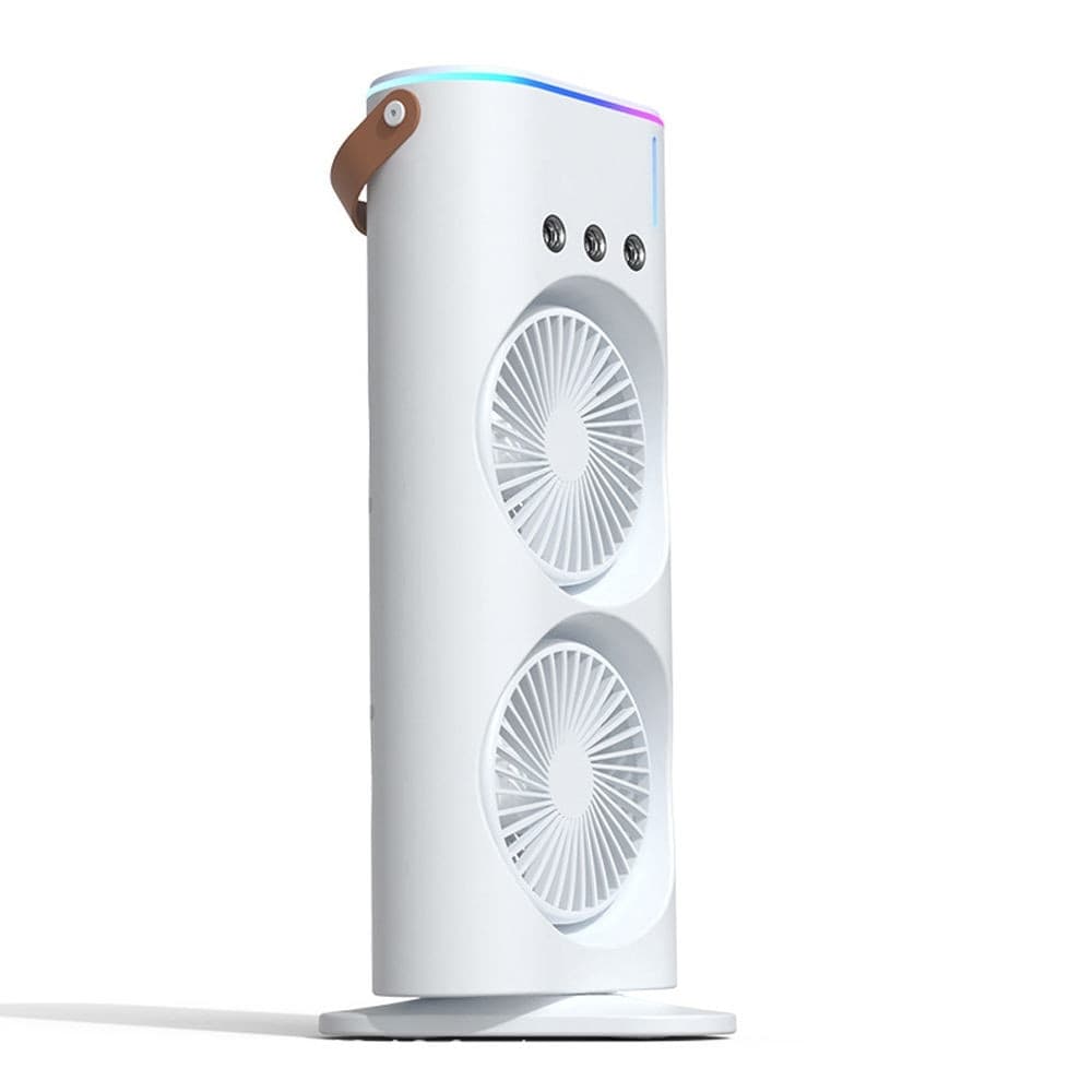 VENTILATORE PORTATILE DA TAVOLO SPRAY UMIDIFICA RICARICABILE USB LUCI LED A DOPPIA TESTA - 5