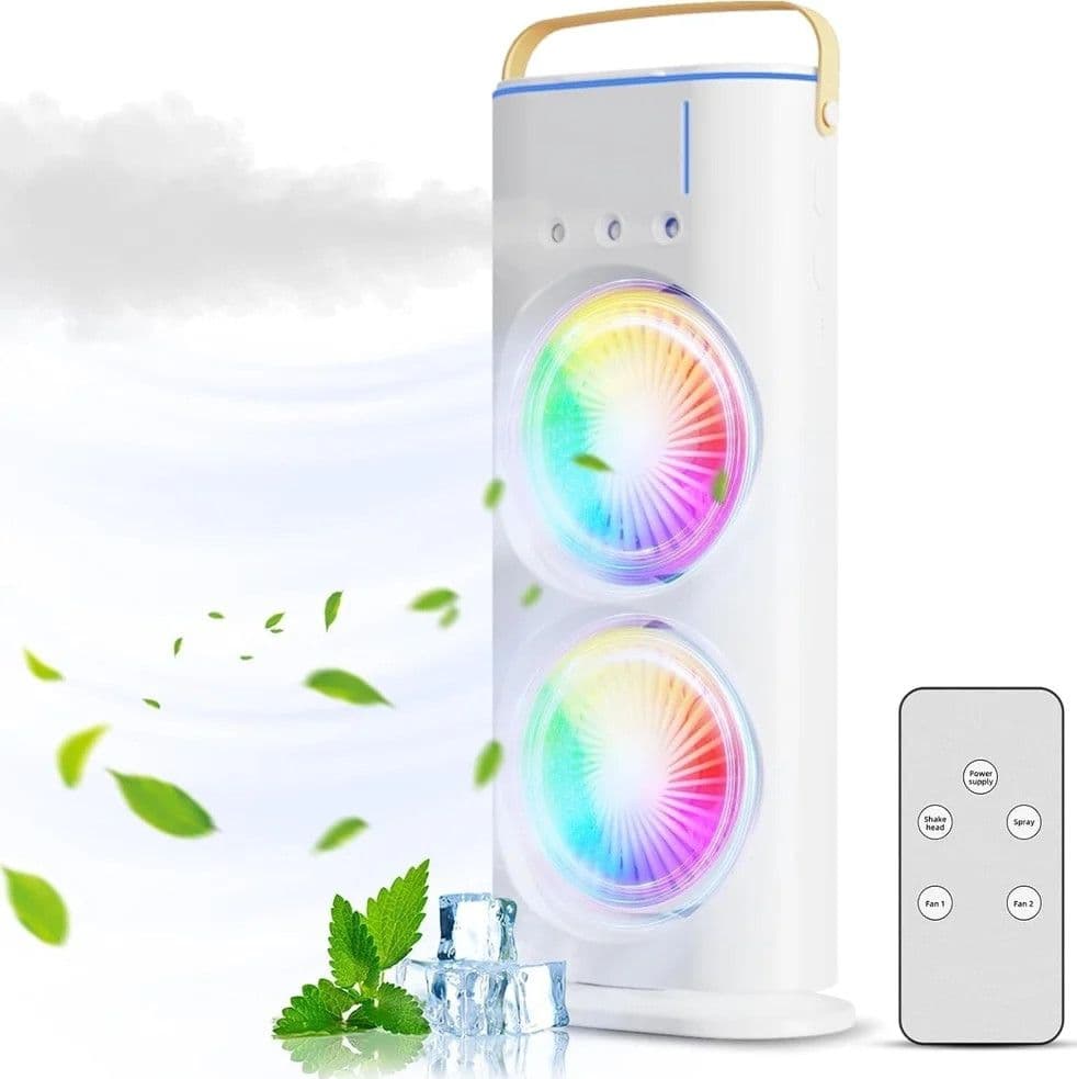 VENTILATORE PORTATILE DA TAVOLO SPRAY UMIDIFICA RICARICABILE USB LUCI LED A DOPPIA TESTA - 6