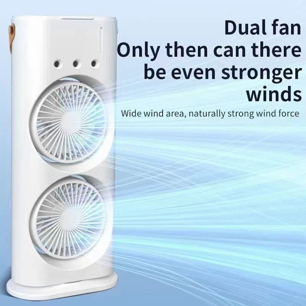 VENTILATORE PORTATILE DA TAVOLO SPRAY UMIDIFICA RICARICABILE USB LUCI LED A DOPPIA TESTA - 7