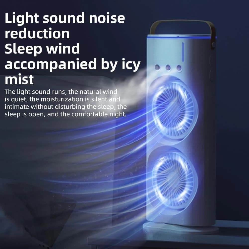 VENTILATORE PORTATILE DA TAVOLO SPRAY UMIDIFICA RICARICABILE USB LUCI LED A DOPPIA TESTA - 9