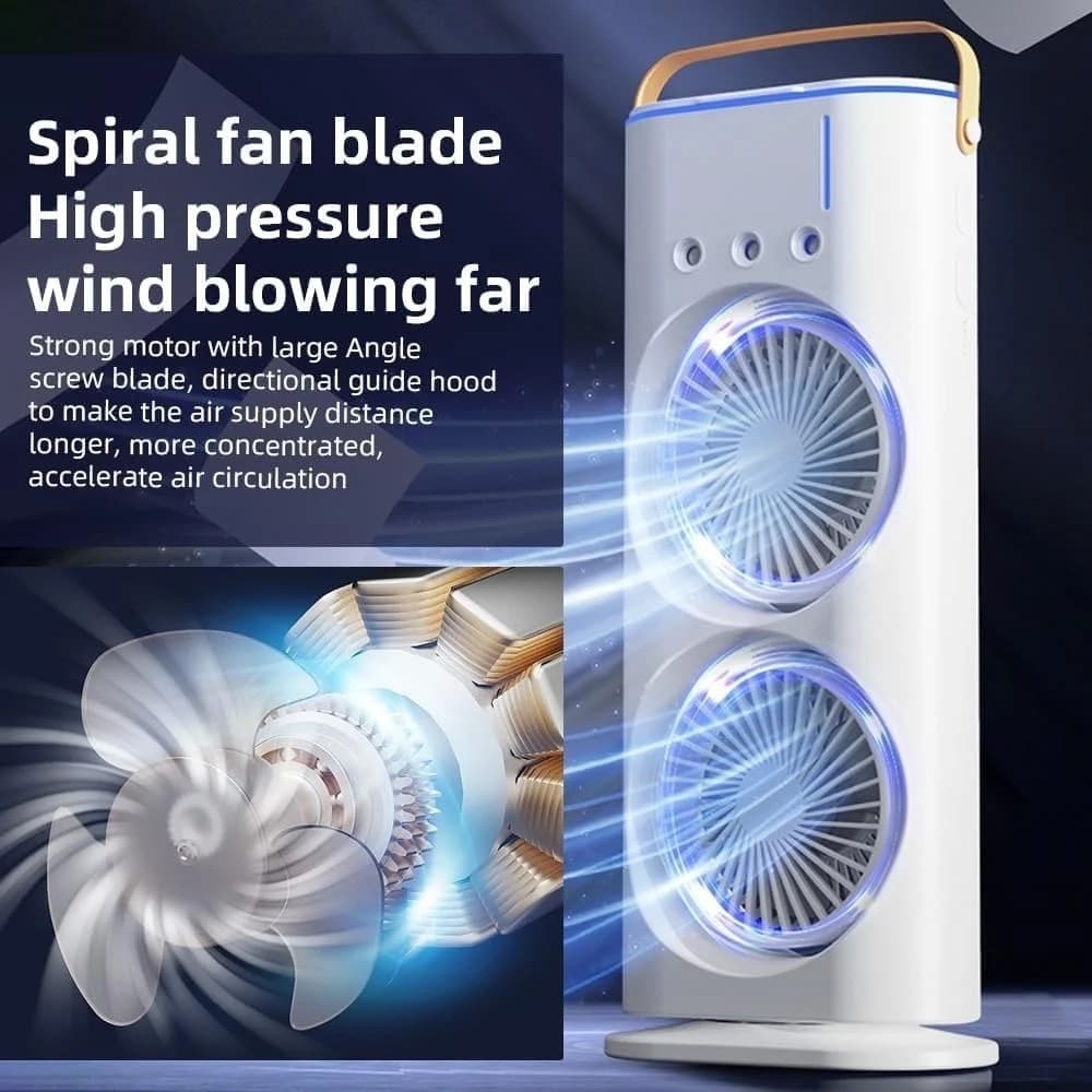 VENTILATORE PORTATILE DA TAVOLO SPRAY UMIDIFICA RICARICABILE USB LUCI LED A DOPPIA TESTA - 10