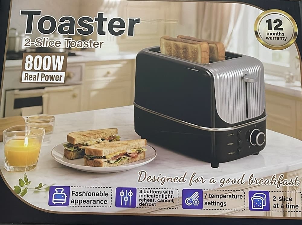 TOSTAPANE ELETTRICO A 2 FETTE COMPATTO 800W CON 3 FUNZIONI 7 TEMPERATURE REGOLABILI - 2
