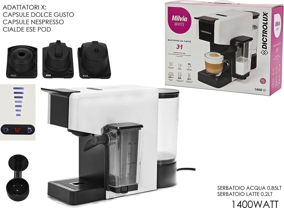 MACCHINA DA CAFFÈ 3IN1 1400W ADATTATORI COMPATIBILE CAPSULE NESPRESSO DOLCE GUSTO CIALDE - 4