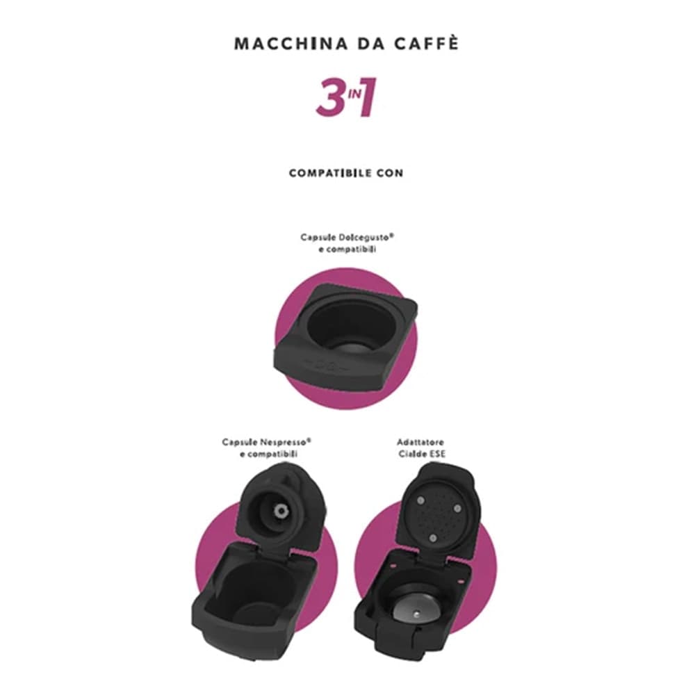 MACCHINA DA CAFFÈ 3IN1 1400W ADATTATORI COMPATIBILE CAPSULE NESPRESSO DOLCE GUSTO CIALDE - 5