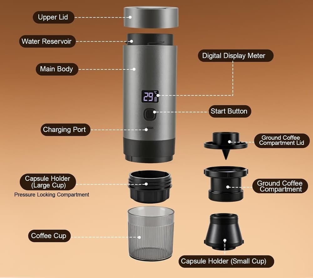 CAFFETTIERA ELETTRICA MACCHINA CAFFÈ PORTATILE A BATTERIA COMPATIBILE CON CAPSULE MACINATO - 4