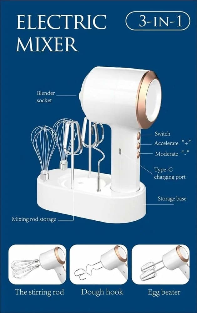 SBATTITORE IMPASTATRICE MULTIFUNZIONE ELETTRICO PORTATILE RICARICABILE USB CUCINA ACCESSORI - 3