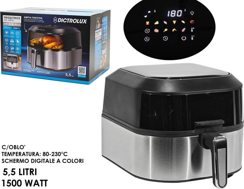 FRIGGITRICE AD ARIA 5,5 LITRI 1500 WATT CON LUCE OBLÒ SCHERMO TOUCH DIGITALE A COLORI - 2