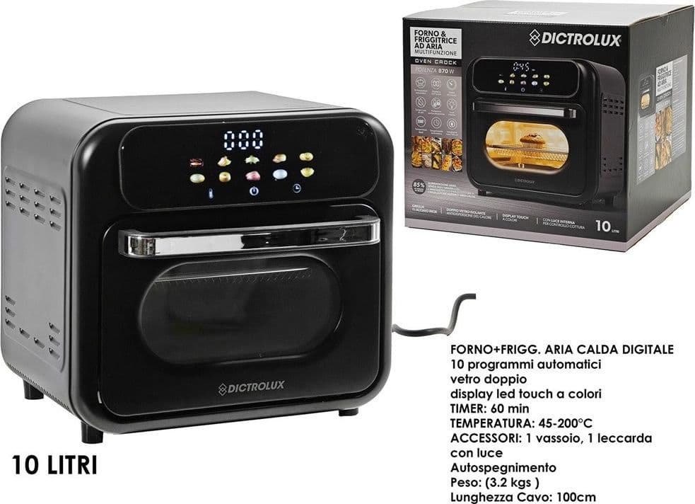 FORNO FRIGGITRICE AD ARIA MULTIFUNZIONE 870W 10LT CON DISPLAY TOUCH LED LUCE 10 PROGRAMMI - 2