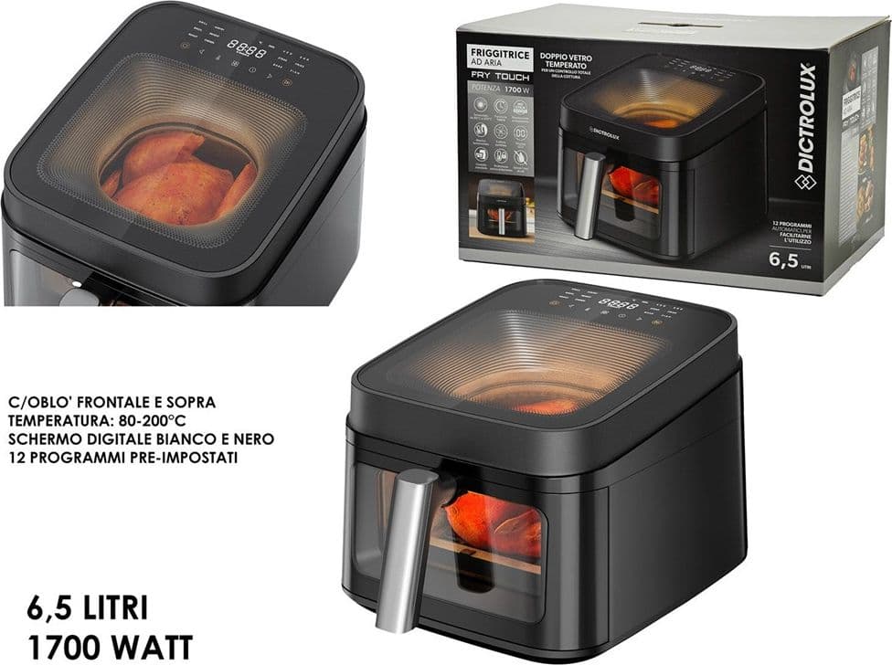 FRIGGITRICE AD ARIA DOPPIA FINESTRA OBLÒ VETRO TEMPERATO FORNO 6,5 LT 1700W 12 PROGRAMMI - 2