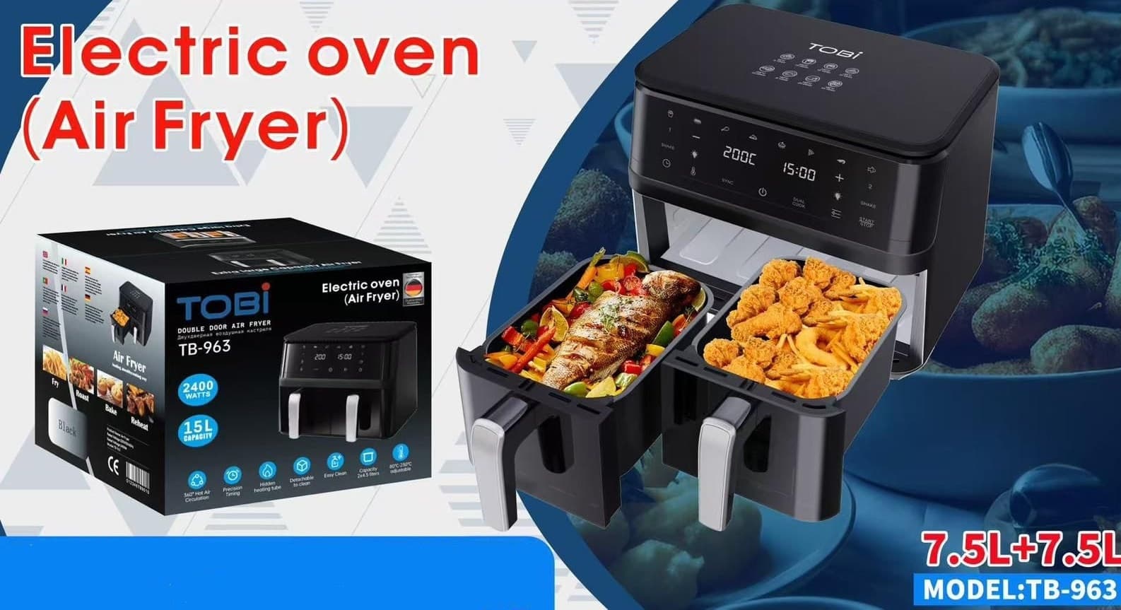 FRIGGITRICE AD ARIA A DOPPIO CESTELLO INDIPENDENTI 15LT 2400W TOUCH LED 8 PROGRAMMI TB-963 - 2