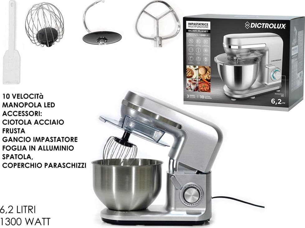 IMPASTATRICE PLANETARIA CUCINA MULTIFUNZIONE CON CIOTOLA ACCIAIO 6,2LT 1300W MANOPOLA LED - 2