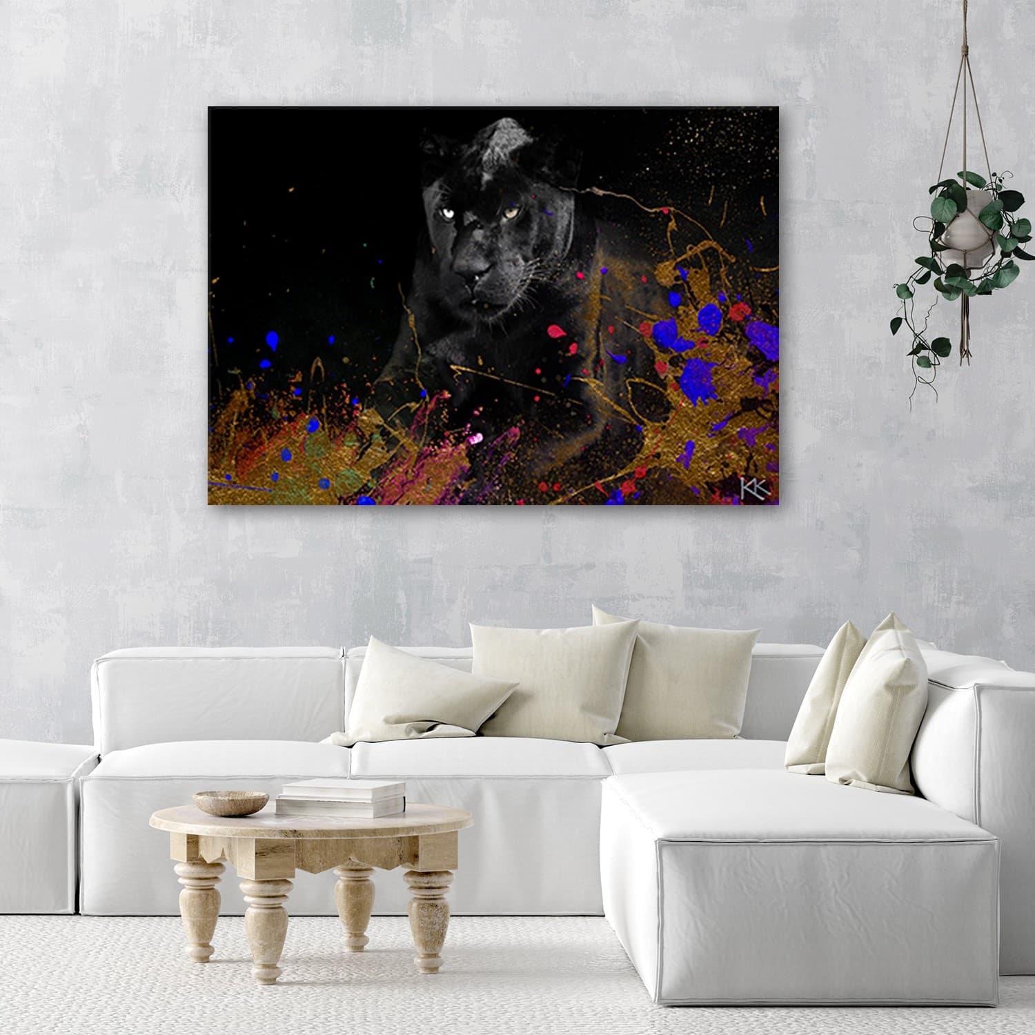 Quadro su tela, Leopardo nero su uno sfondo colorato - 2