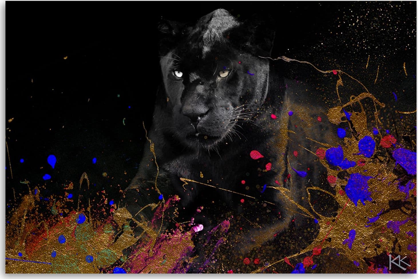Quadro su tela, Leopardo nero su uno sfondo colorato - 3